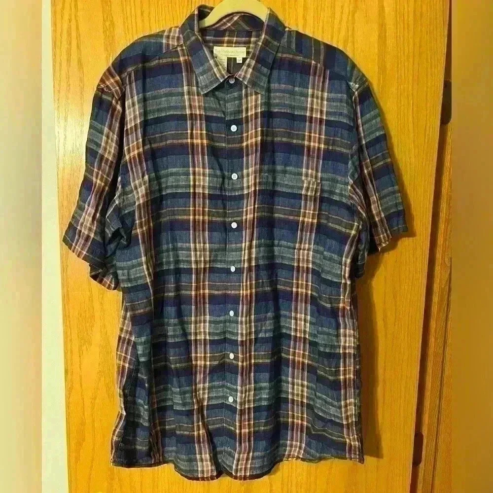The Territory Ahead Linen Short Sleeve Plaid Button Down XLT